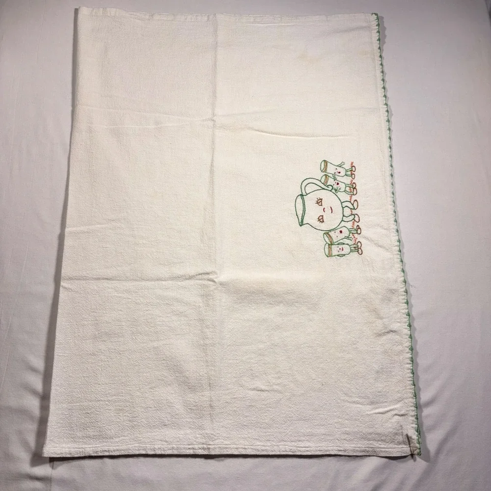 Vintage Tea Towel Hand Embroidered Anthropomorphic Pitcher and Glasses MCM